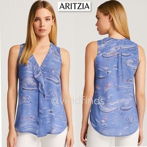 Aritzia Babaton Silk Blue Tropical Island Blouse XS Ruffle Sleeveless Top